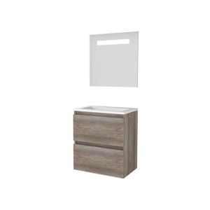 Basic-Line Economic 39 badkamermeubelset - 60x39cm - greeploos - 2 lades - acryl wastafel - 0 kraangaten - Spiegel - geintegreerde LED verlichting - MFC Scotch Oak 1810284