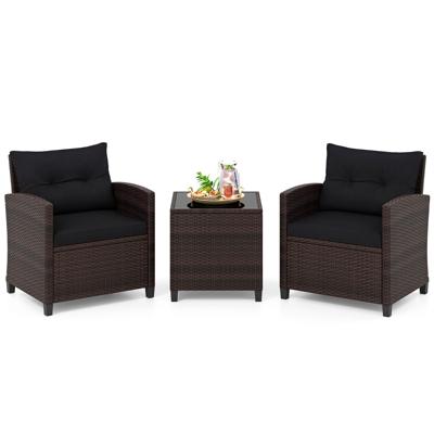 3-delige Rotan Tuinmeubelset met 2 Fauteuils en Tafel Tuinset voor 2 Personen Terrasmeubelen met Kussens voor Tuin en Balkon Zwart