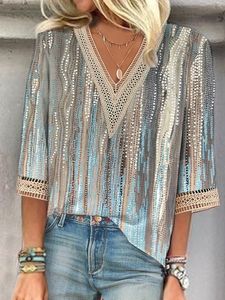 V Neck Ombre Casual Lace Shirt