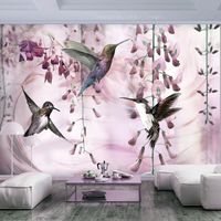 Fotobehang - Vliegende Kolibries met roze achtergrond, premium print vliesbehang - thumbnail