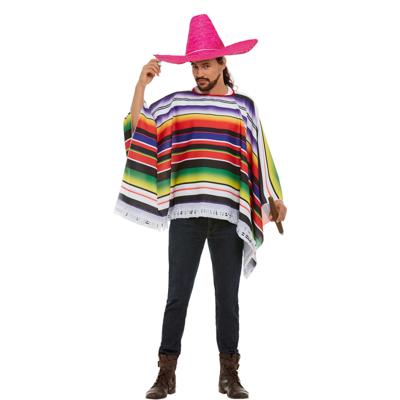 Carnaval verkleed set Mexicaan - gekleurde one size poncho - Sombrero hoed roze dia 59 cm