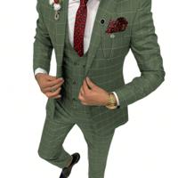 Bon&Bon Men's 3-Piece Plaid Suit - Grey Slim Fit Wedding & Business Suit Olive Green / S