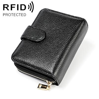 KB192 Buckle Zipper Cowhide Leather Organ Shape Multiple Card Slots Anti-magnetic RFID Wallet Clutch Bag for Men(Black)