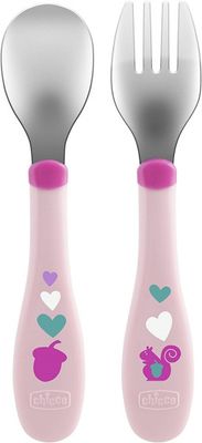 Chicco bestek Mijn Eerste Metalen Bestek 20 cm RVS roze 2-delig