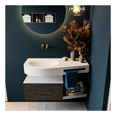 Mondiaz Riva 100cm badmeubel onderkast planchet donker bruin met 1 lade wastafel links kleur talc