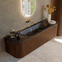 Badmeubel Mondiaz Kurve-Dlux | 160 cm | Meubelkleur Walnut | Wastafelkleur Lava | Solid surface | Midden spoelbak | Zonder kraangat(en) Badmeubel Mondiaz Kurve-Dlux | 160 cm | Meubelkleur Walnut | Wastafelkleur Lava | Solid surface | Midden spoelbak | Zonder kraangat(en)