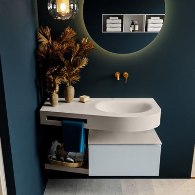 MONDIAZ RIVA 100cm badmeubel onderkast / planchet kleur Clay met 1 lade. Wastafel DULCET rechts 0 kraangaten kleur Linen.