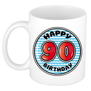 Verjaardag cadeau mok - 90 jaar - blauw - gestreept - 300 ml - keramiek