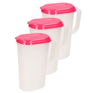 3x stuks waterkan/sapkan transparant/fuchsia met deksel 2 liter kunststof