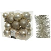 Kerstversiering kerstballen 6-8-10 cm met folieslingers pakket parel/champagne van 28x stuks - thumbnail