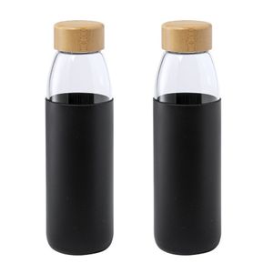 2x Stuks glazen waterfles/drinkfles met zwarte siliconen bescherm hoes 540 ml