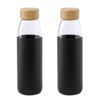 2x Stuks glazen waterfles/drinkfles met zwarte siliconen bescherm hoes 540 ml - thumbnail