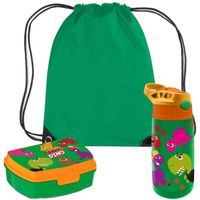 Crazy Dino lunchbox set voor kinderen - 3-delig - groen - kunststof - incl. gymtas/schooltas - Lunchboxen - thumbnail