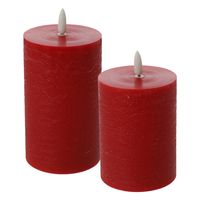 LED kaarsen/stompkaarsen - set 2x - rood - H10 en H12,5 cm - flikkerend licht - timer