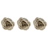3x stuks decoratie bloemen roos champagne glitter op clip 18 cm - Kunstbloemen