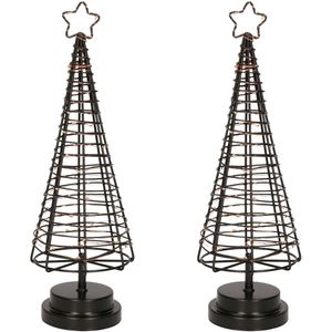 Set van 2x stuks verlichte zwarte 3D lichtboompjes/metalen boompjes/kerstboompjes 45 leds 36 cm