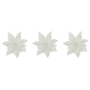 3x stuks decoratie bloemen kerstster wit glitter op clip 15 cm - Kunstbloemen