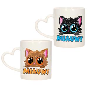 Cadeau set van 2x stuks koffie/thee drink mokken - poes/kat - Miauw - hartjes oor - keramiek