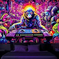 blacklight tapestry uv reactief glow in the dark dj chimpansees dier trippy misty natuur landschap hangend tapijt muur kunst muurschildering voor woonkamer slaapkamer Lightinthebox