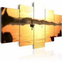 Schilderij - Zonsondergang over meer , geel bruin , 5 luik - thumbnail