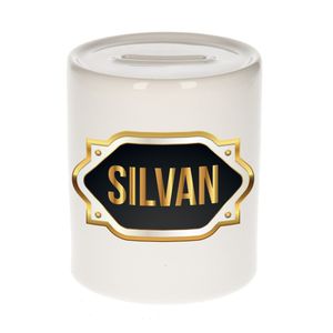 Naam cadeau spaarpot Silvan met gouden embleem