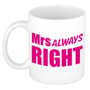 Mrs always right cadeau mok / beker wit met roze blokletters 300 ml   -