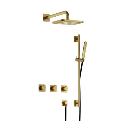 Hotbath Gal - Inbouw Regendoucheset - Geborsteld Messing PVD - 2 Stopkranen - Thermostatisch - Wandarm 35 cm - Hoofddouche 220 mm - Staafhanddouche - Glijstang 900 mm - V02