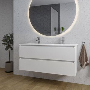 Adema Chaci Badkamermeubelset - 120x46x57cm - 2 keramische wasbakken wit - 2 kraangaten - 2 lades - ronde spiegel met verlichting - mat wit SW718711/SW804533/SW161923