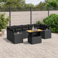 8-delige Loungeset met kussens poly rattan zwart
