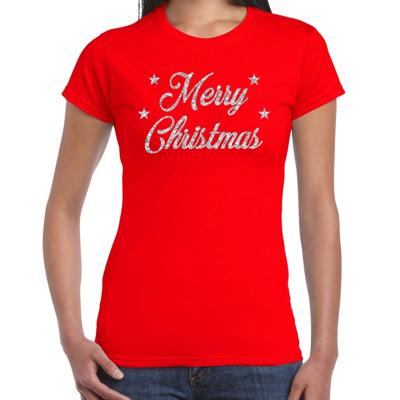 Kerst T-shirt voor dames - rood - Merry Christmas - zilveren glitters - kerstkleding