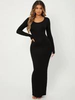 Apricot Bodycon Maxi Dress - Elegant Scoop Neck Long Sleeve Black / XS