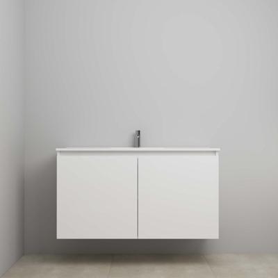 On-Line Onderkast - 120 cm - Bouwpakket - Greeploos 2 Deuren - Porseleinen Wastafel - 1 Kraangat - Mat Wit