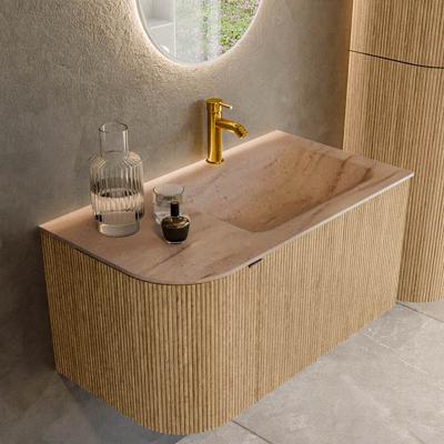 Badmeubel Mondiaz Kurve-Dlux | 85 cm | Meubelkleur Oak | Wastafelkleur Saba | Solid surface | Wasbak rechter zijde spoelbak | 1 kraangat