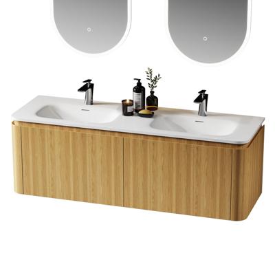 Saniclass Terra Wastafelonderkast - 140cm - 4 lades - wastsafel solid surface - 2 wasbakken - 2 kraangaten - afgeronde hoeken - sandwood (Licht eiken) SW1174103/SW1418385
