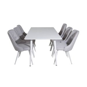 Polar180X90WHWH eethoek eetkamertafel wit en 6 Velvet Deluxe eetkamerstal lichtgrijs, wit.