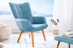 Design armleuningen fauteuil SCANDINAVIA lichtblauw structuurmateriaal massief hout - 39273