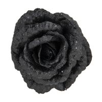 1x stuks decoratie bloemen roos zwart glitter op clip 15 cm   -
