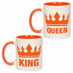 Cadeauset van oranje King en Queen mokken/bekers 300 ML