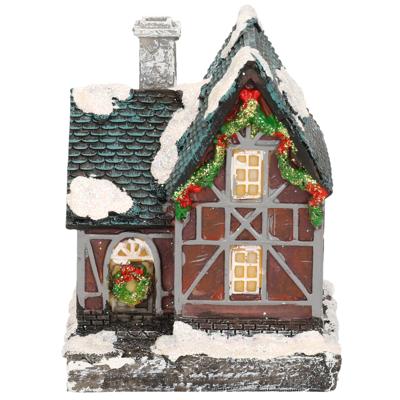 Kersthuisjes/kerstdorpje huisje - grijze schoorsteen - Polystone - 14 cm - met verlichting