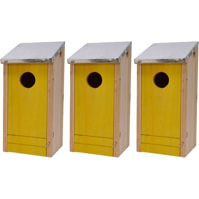 3x Houten vogelhuisjes/nestkastjes gele voorzijde 26 cm