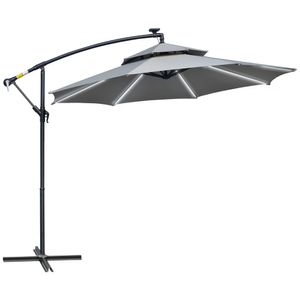 Outsunny stoplichtparasol Ã˜295 cm LED zonneparasol met standaard marktparaplu waterafstotend voor tuinterras aluminium lichtgrijs