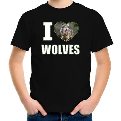 I love wolves t-shirt - met dieren foto - van een wolf - zwart - voor kinderen