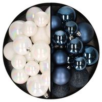Kerstballen 60x stuks - mix parelmoer wit/donkerblauw - 4-5-6 cm - kunststof - Kerstbal