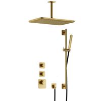 Hotbath Gal - GL106 - Inbouw Regendoucheset - Geborsteld Messing PVD - 2 Stopkranen - Thermostatisch - Plafondbuis 15 cm - Hoofddouche 270x400 mm - Staafhanddouche - Glijstang 900 mm - met GL106 - V01