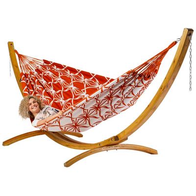 Familie hangmat met houten standaard - 400x180cm - Rood - 200kg draagkracht- 100% katoen - binnen & buiten