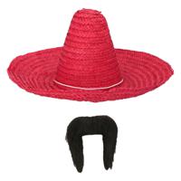 Carnaval verkleed set - Mexicaanse sombrero hoed met plaksnor - rood - heren - thumbnail