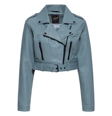 Queen Kerosin Cropped Leather Jacket Turquoise-XL