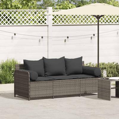 Tuinbank 3-zits met kussens poly rattan grijs