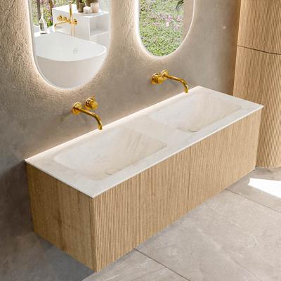 Badmeubel Mondiaz Kurve-Dlux | 130 cm | Meubelkleur Oak | Wastafelkleur Opalo | Solid surface | Dubbele spoelbak | Zonder kraangat(en)