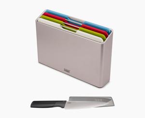 Joseph Joseph - Giftset Folio 4 Snijplanken in Houder met Gratis Chefsmes - Polypropyleen - Zilver